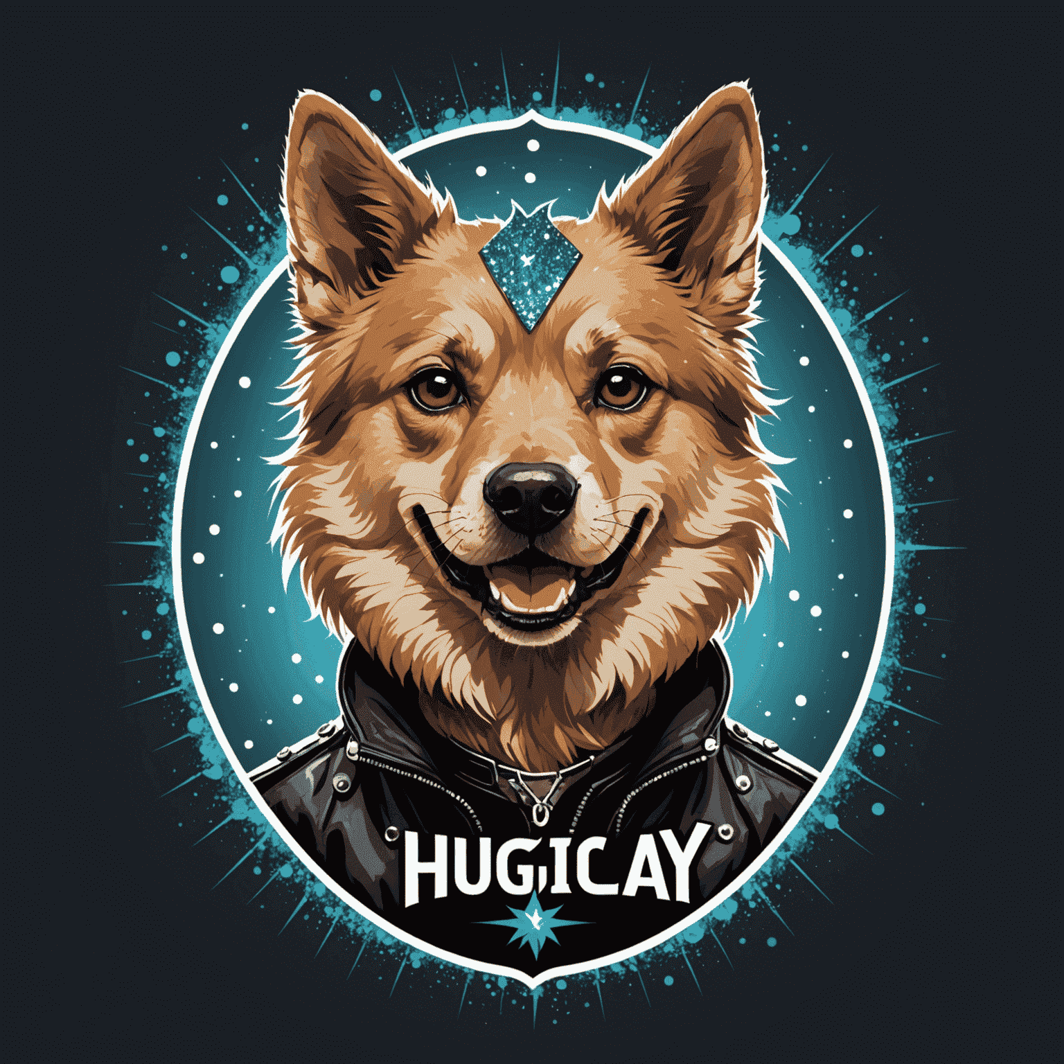 HugiClay logo featuring a stylized dog with punk-inspired fur and sparkles