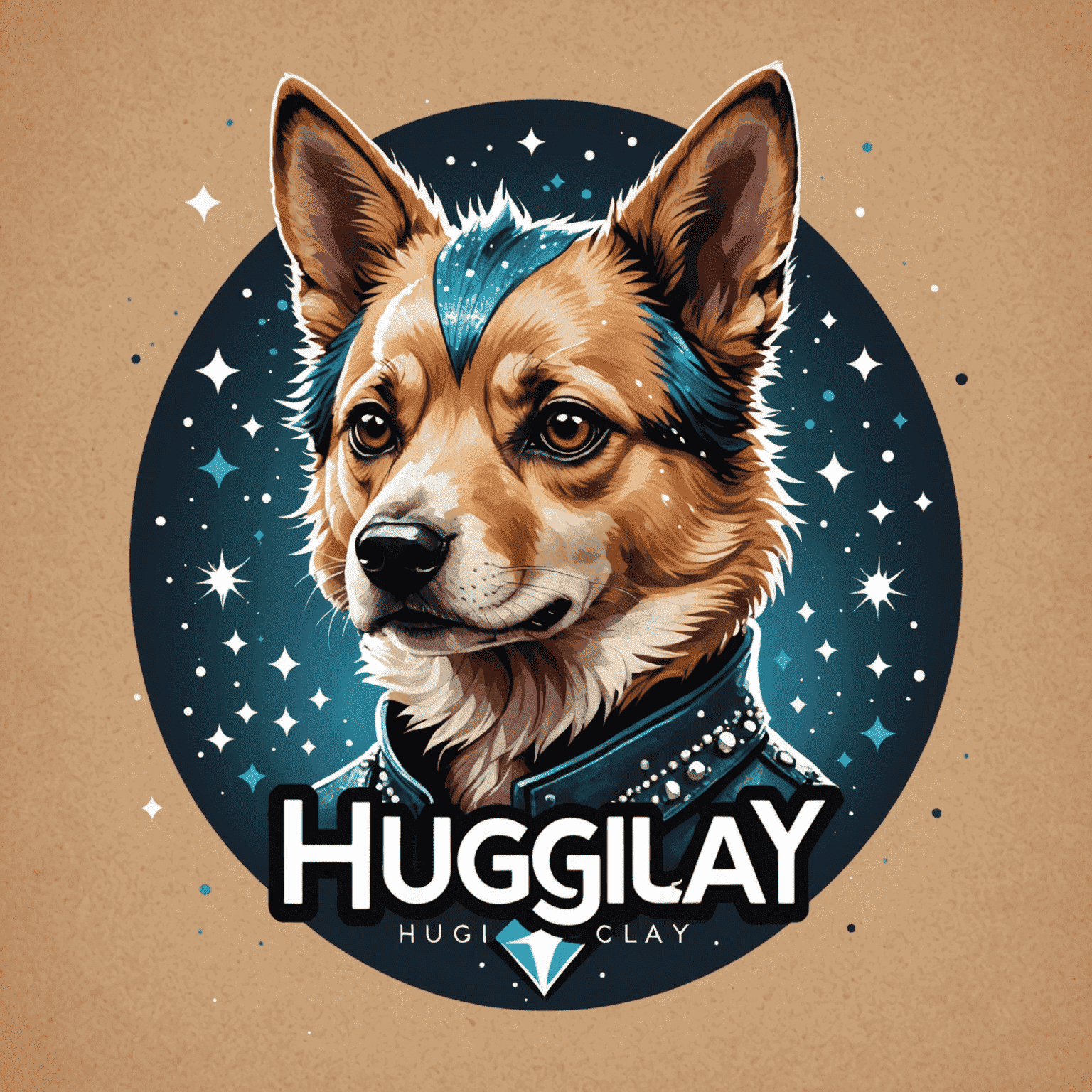 HugiClay logo featuring a stylized dog with punk-inspired fur and sparkles