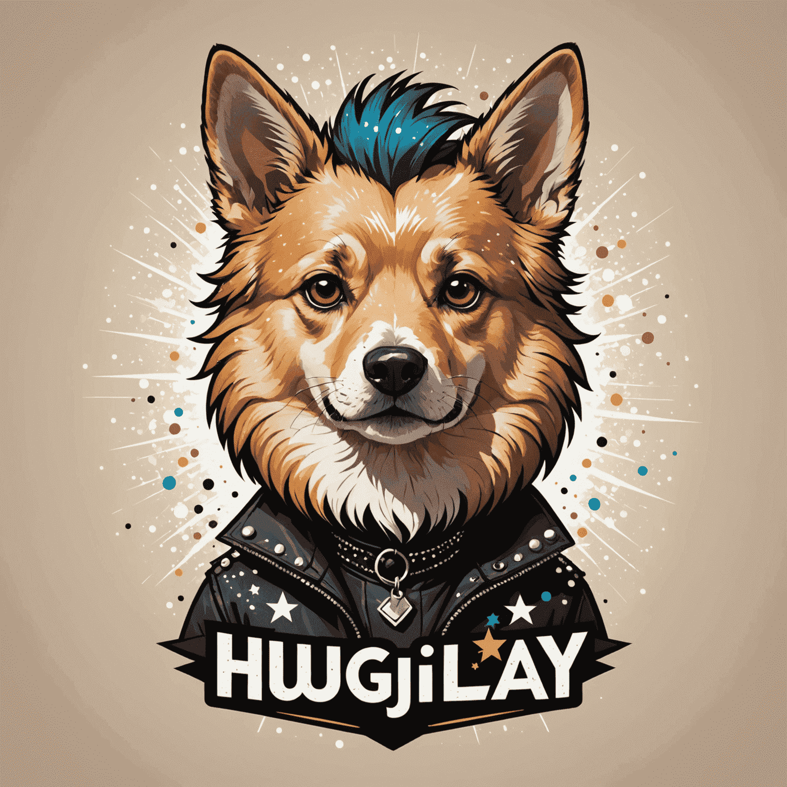 HugiClay logo featuring a stylized dog with punk-inspired fur and sparkles