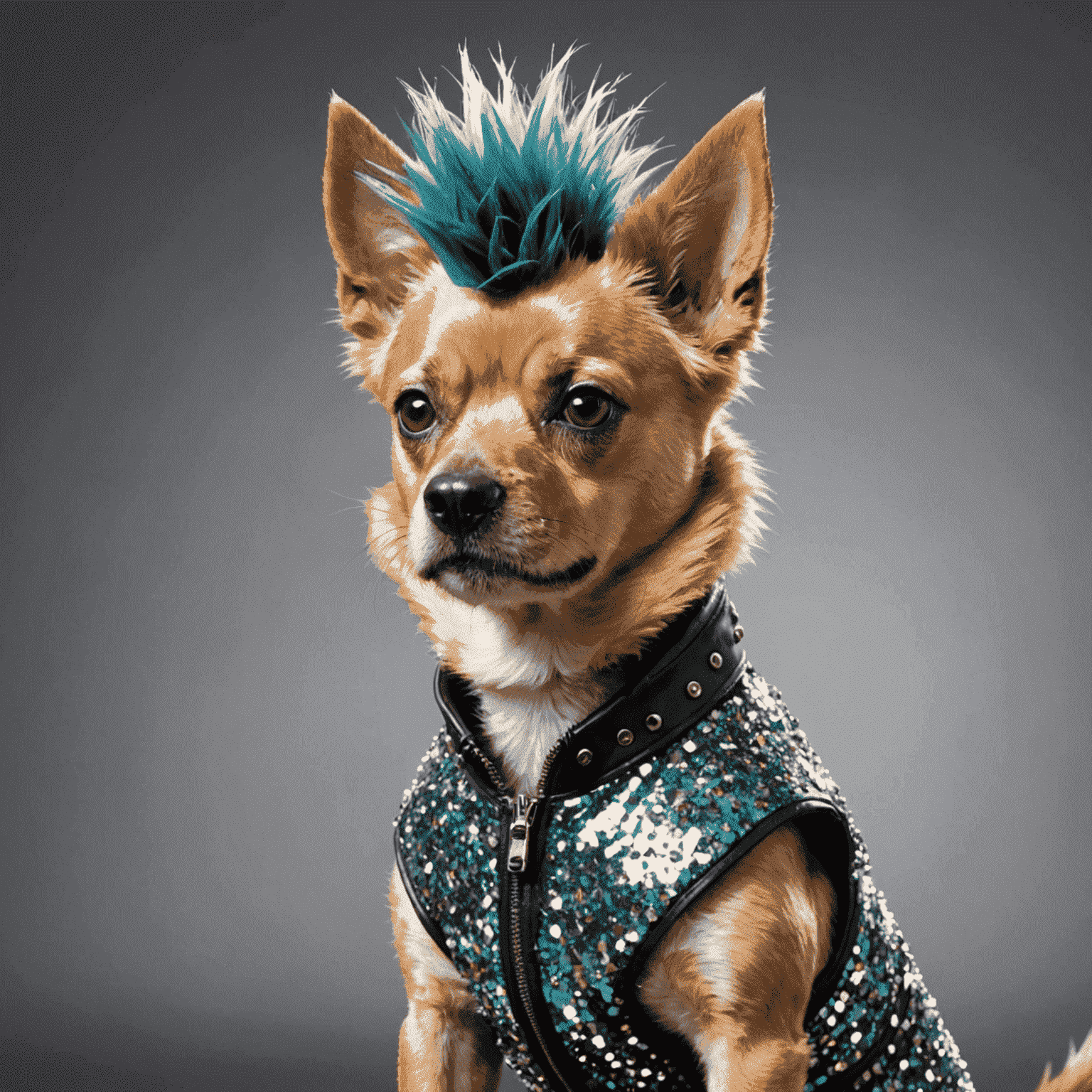 A punk-styled dog with a mohawk haircut and glittery fur, showcasing the latest grooming trends