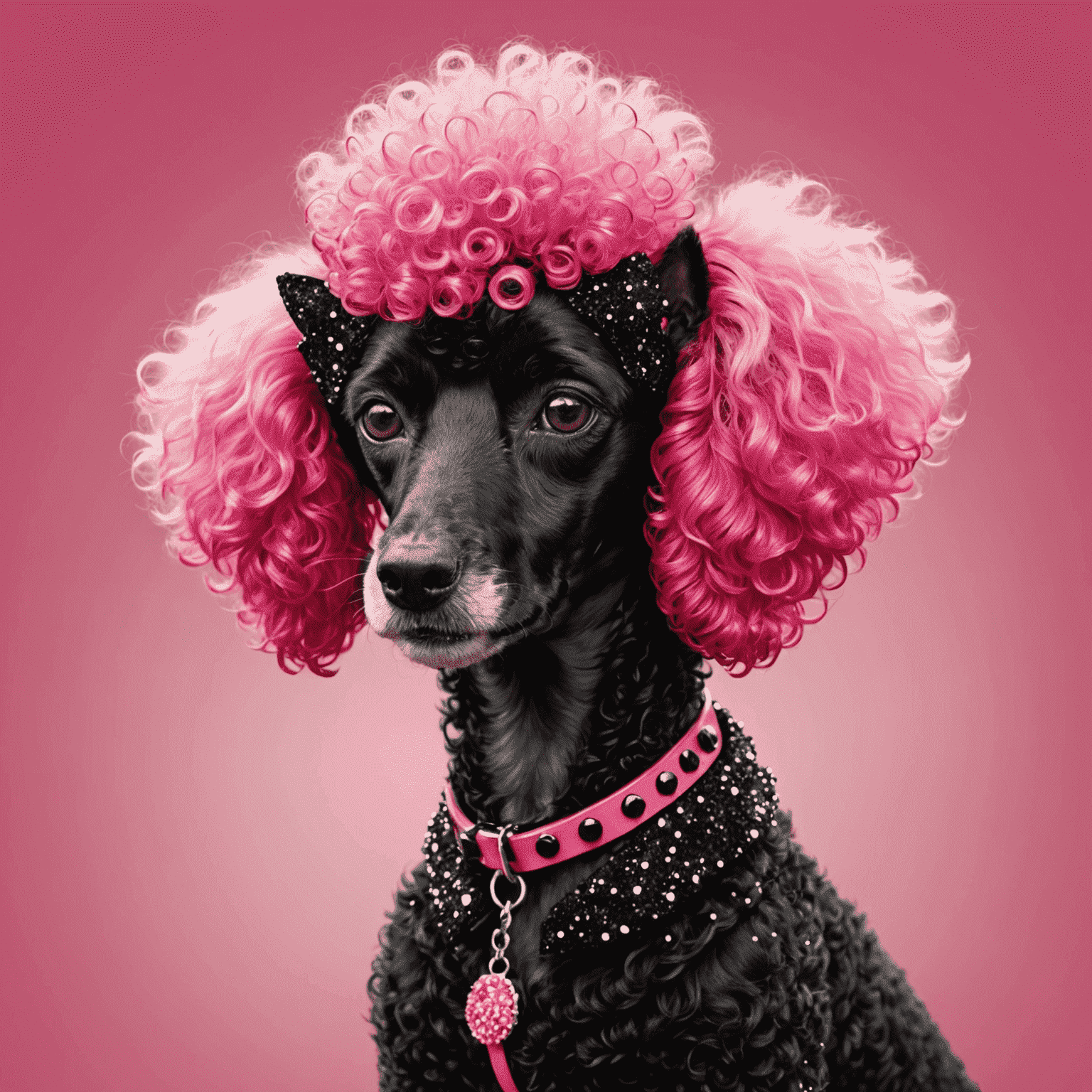 A stylish poodle with asymmetric ear trims, dyed in vibrant pink and black colors, adorned with glitter and small punk-inspired accessories