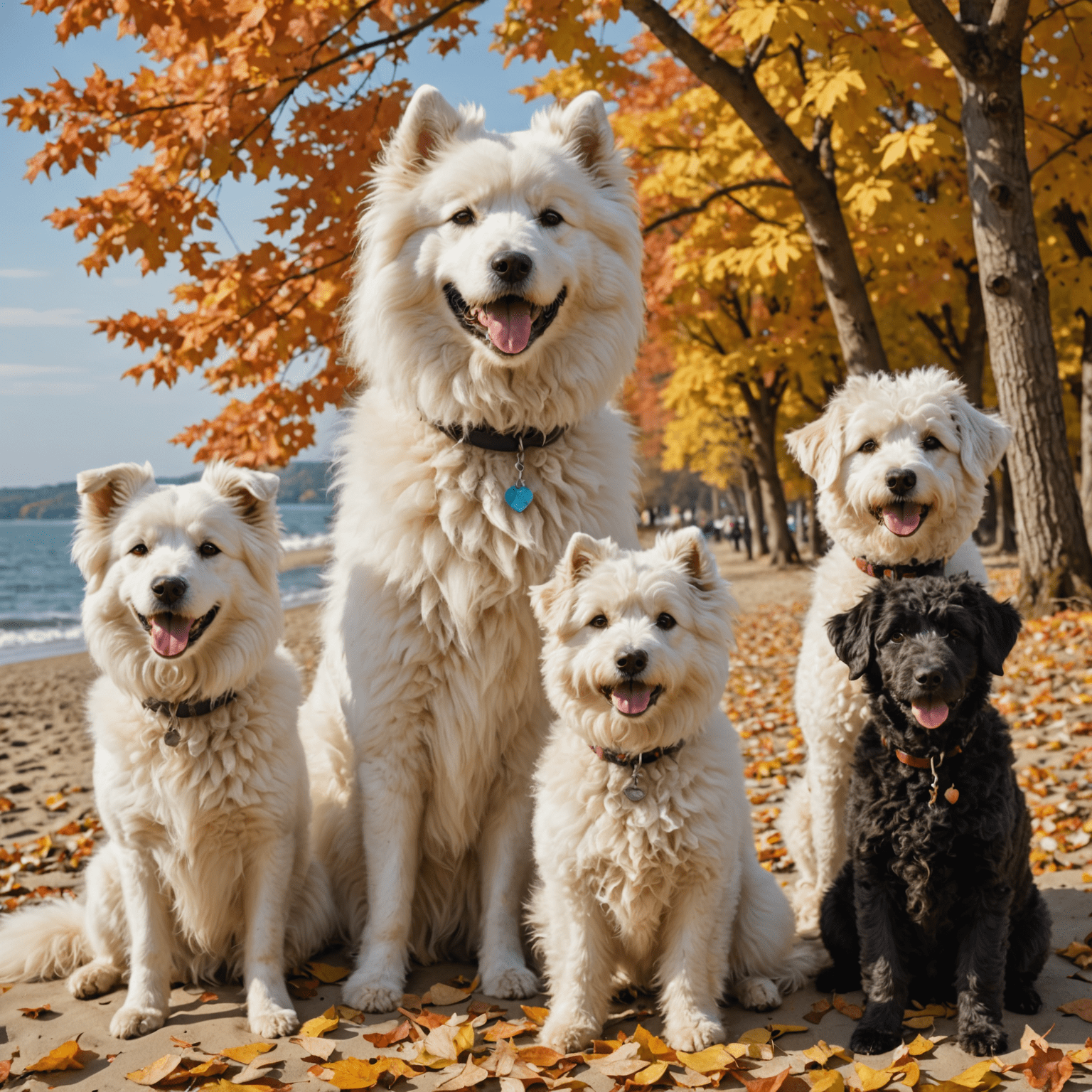 A collage of four dogs with different coat types in various seasons - a fluffy Samoyed in snow, a short-haired Labrador in autumn leaves, a curly-coated Poodle in spring flowers, and a wire-haired Terrier on a summer beach