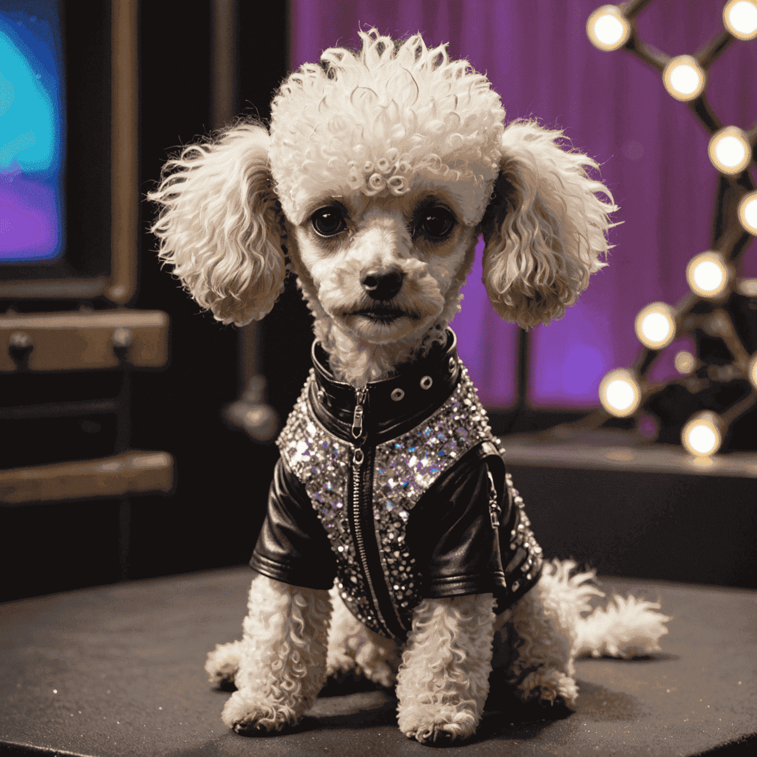 A punk rock Poodle with a mohawk and asymmetric ear trim, sitting on a sparkly stage