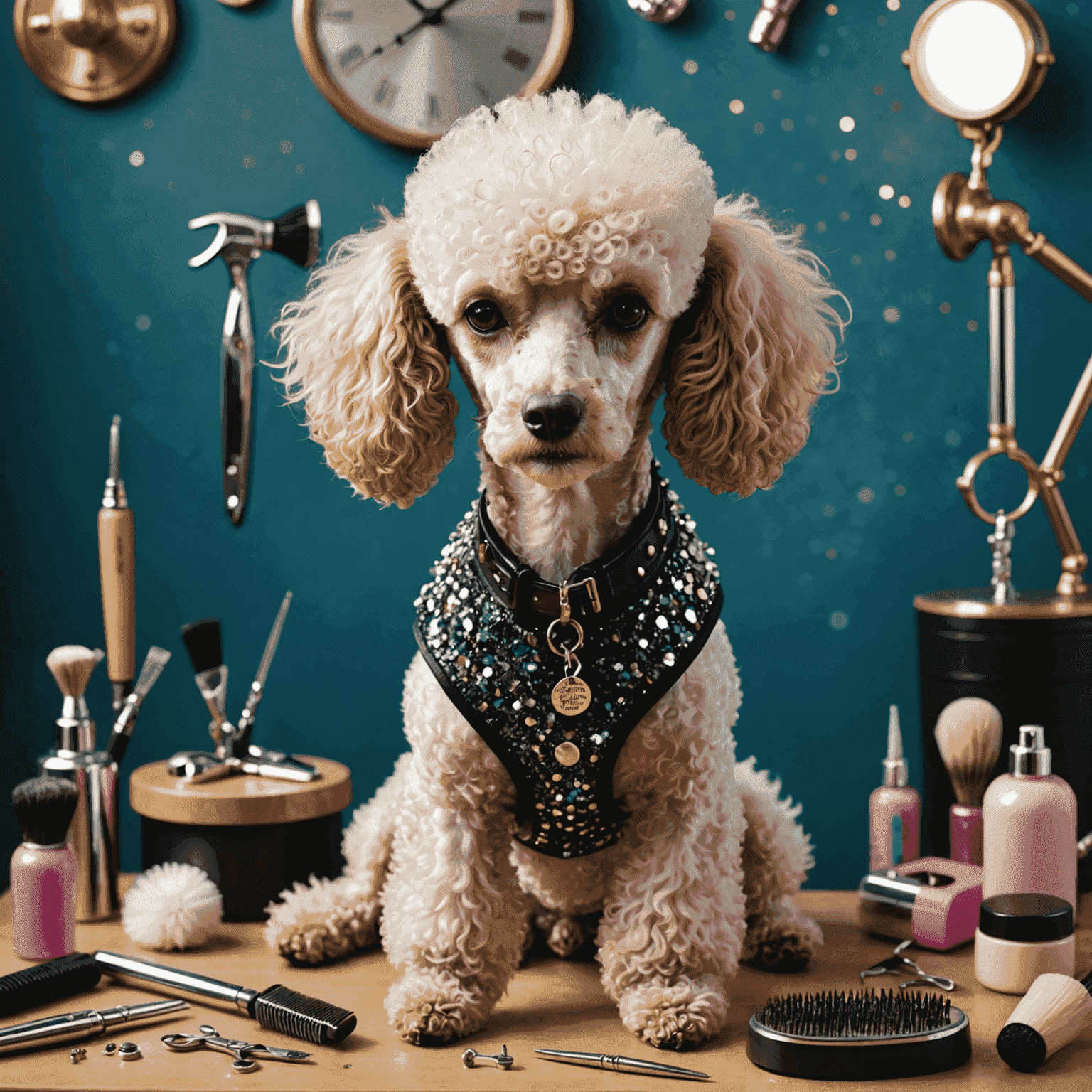 A stylish poodle with a punk-inspired asymmetric ear trim, sitting on a sparkly grooming table with various grooming tools around