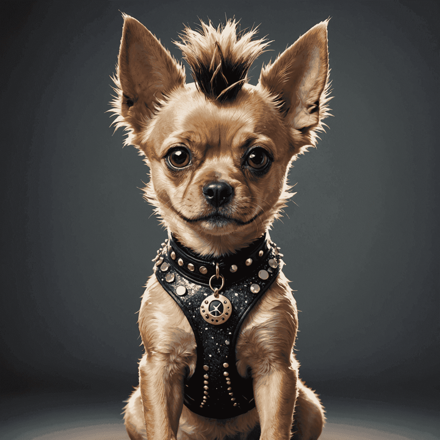 A punk rock styled dog with a mohawk haircut, asymmetric ear trims, and glitter accents