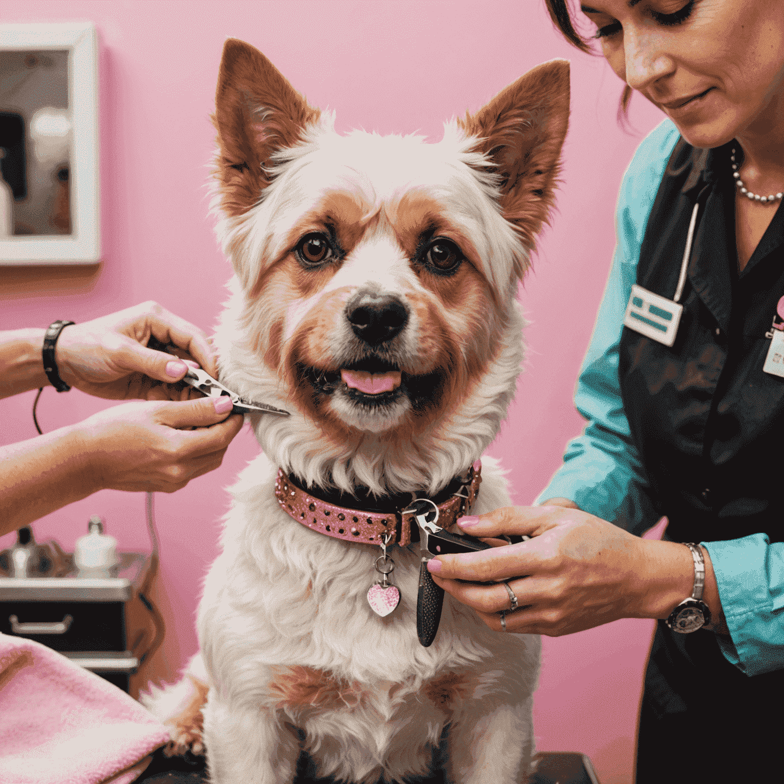 A professional dog groomer carefully trimming a dog's nails with sparkly pink nail clippers. The dog has an asymmetric ear trim and a glam punk-inspired collar.