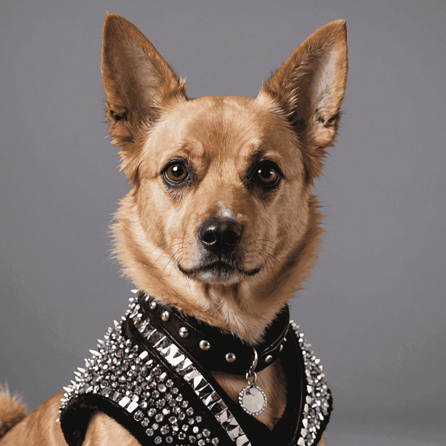 A dog with an asymmetric ear trim, sporting a glam punk sparkle look. The fur is styled in spikes with glitter accents, showcasing our unique fur trimming service.