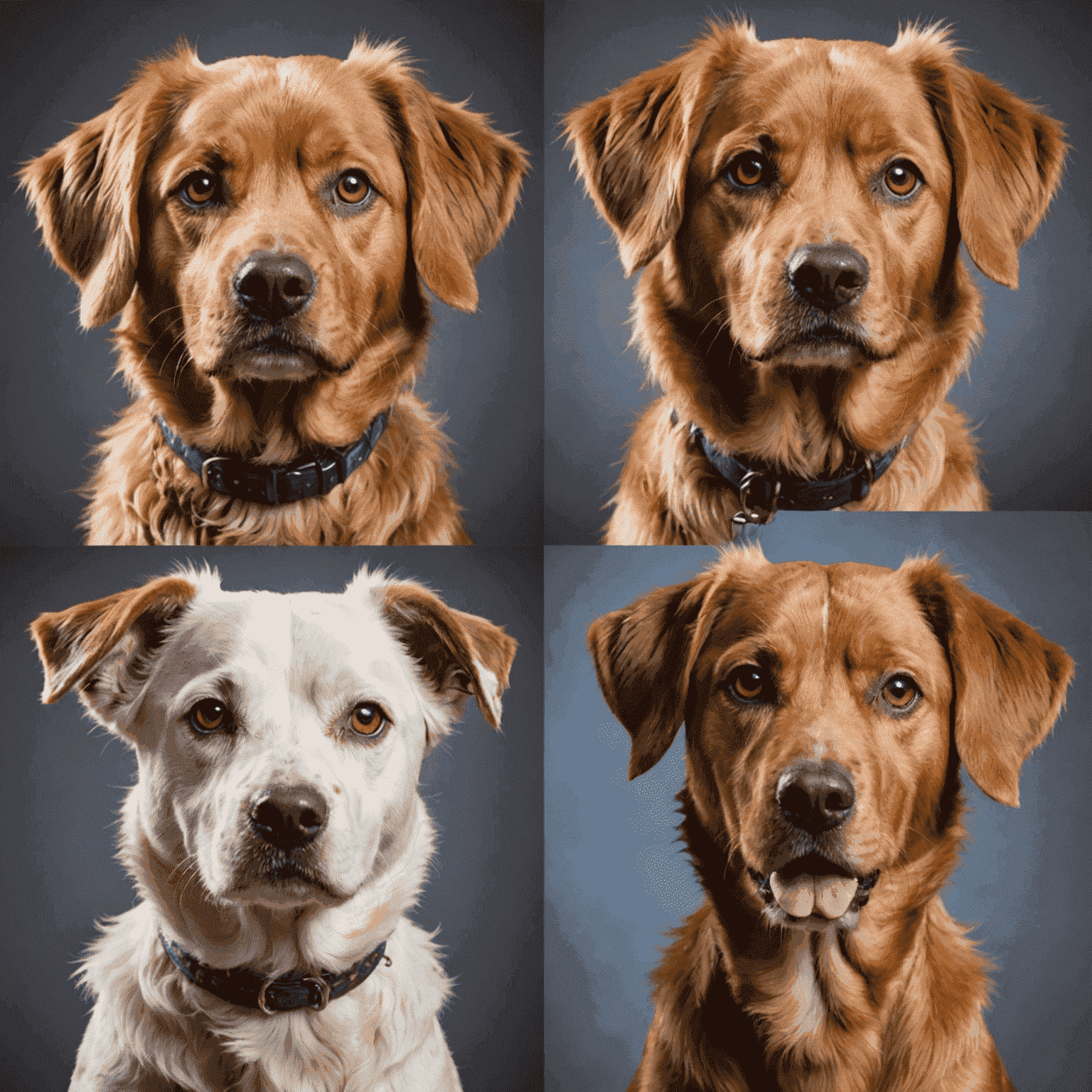 A collage of four images showing before and after de-shedding treatments on different dog breeds. Each image showcases a dramatic reduction in loose fur, with the 'after' shots displaying shiny, healthy-looking coats. The dogs appear to have punk-inspired trims, with some asymmetrical ear cuts and subtle, pet-safe colored streaks in their fur.