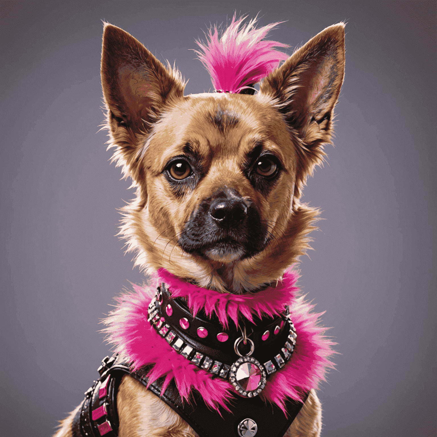 A punk rock styled dog with an asymmetric ear trim, vibrant pink and black fur, and a sparkly collar