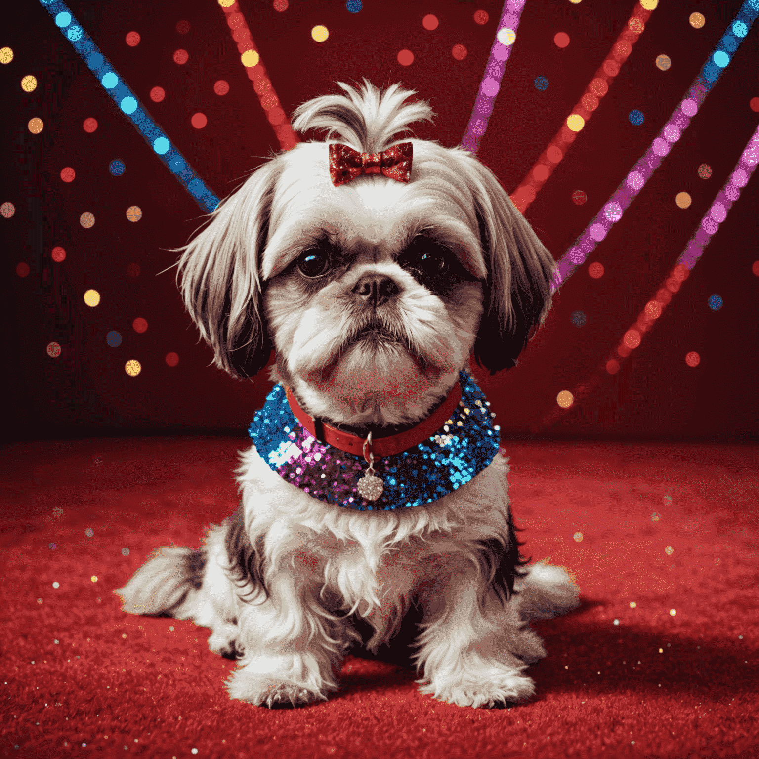 A Shih Tzu with colorful fur extensions and glitter, posing on a red carpet