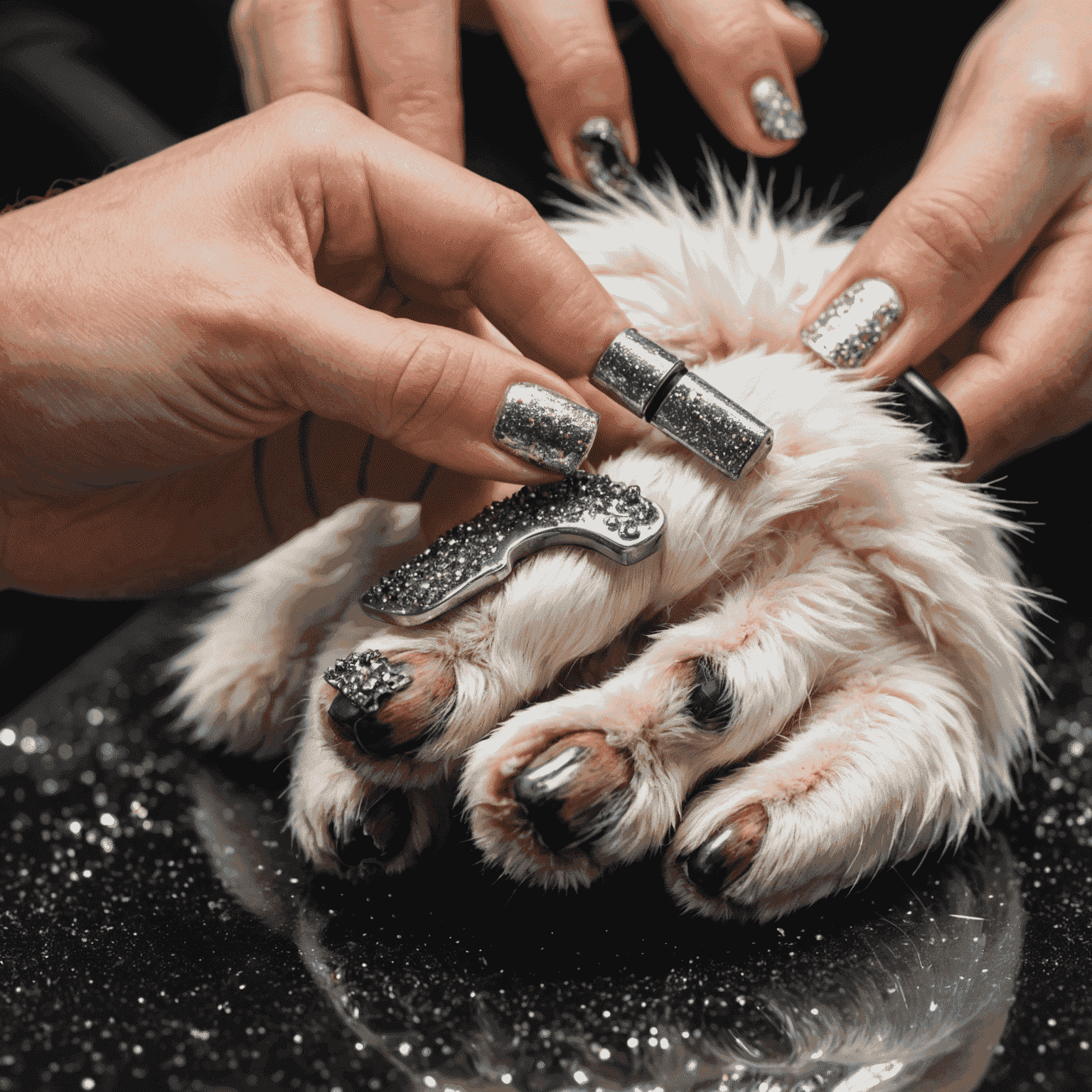 A close-up of a dog's paw being trimmed, with sparkly nail polish and punk-style accessories nearby