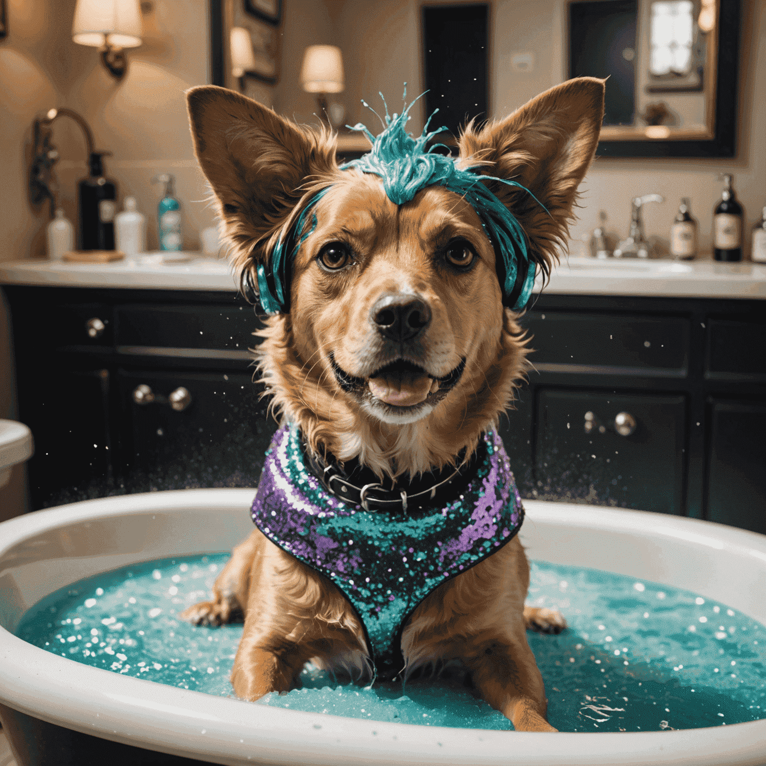 A dog receiving a luxurious bath with glitter-infused shampoo and a punk rock soundtrack playing in the background