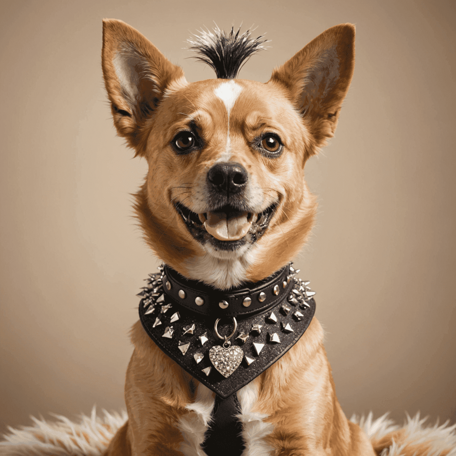 A happy dog with freshly trimmed nails, showing off its paws. The dog has a punk-inspired mohawk and is wearing a sparkly collar.