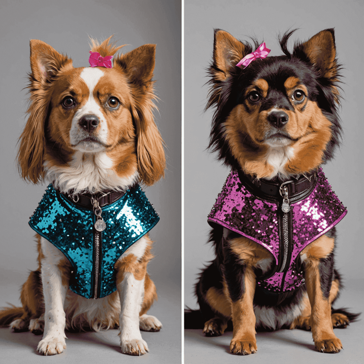 Before and after images of a dog's fur trimming transformation. The 'after' image shows a dog with a punk-inspired asymmetric cut, complete with colorful, safe fur dyes and a sprinkle of pet-friendly glitter.