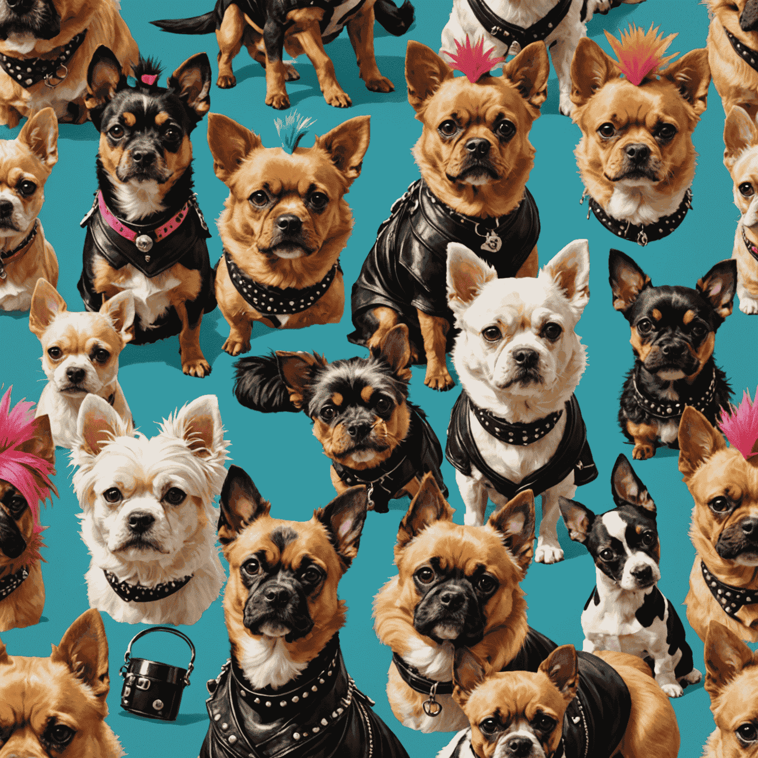 A group of dogs with various punk-inspired grooming styles, including mohawks, colorful fur patterns, and asymmetric ear trims