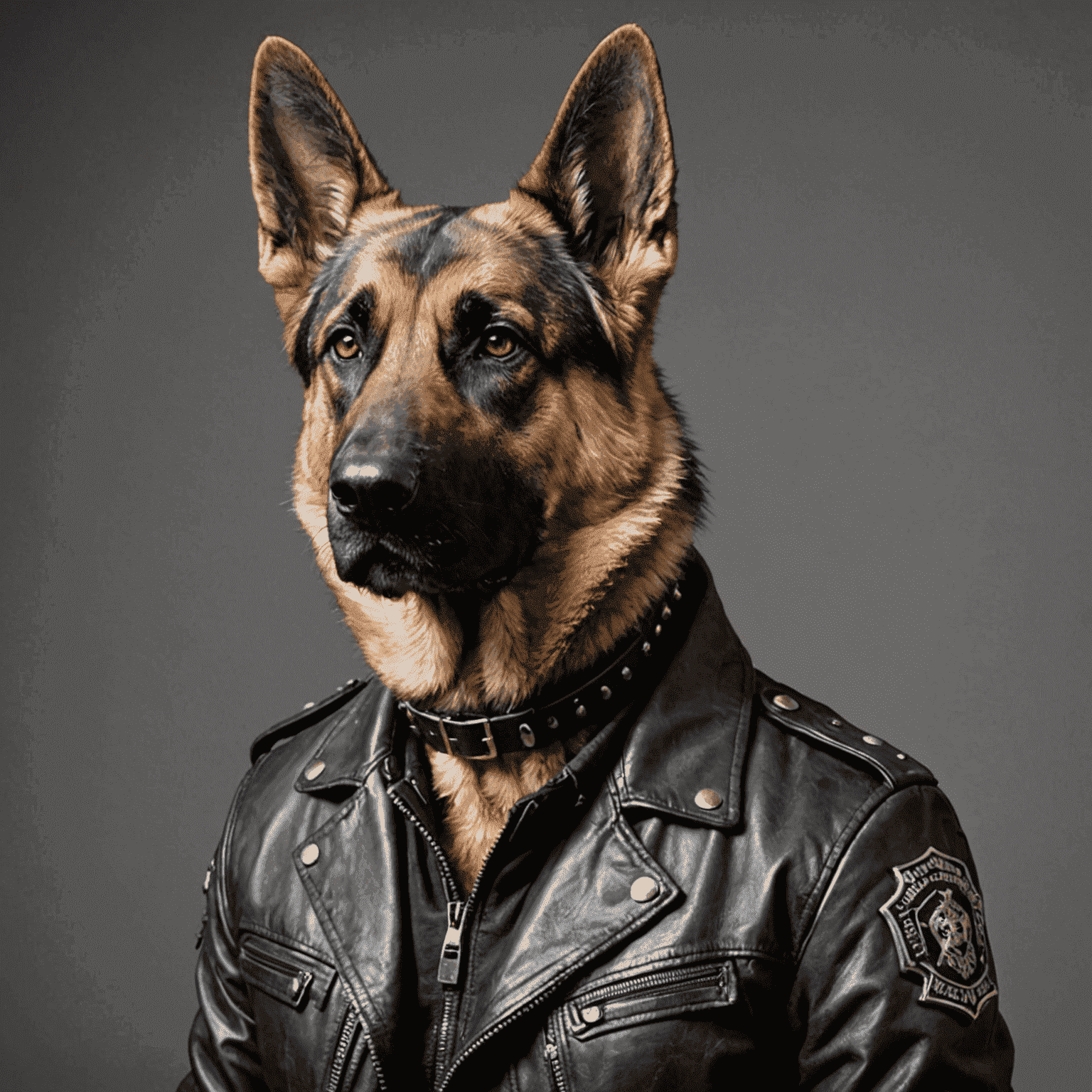 A German Shepherd with a spiked collar and leather jacket, looking tough but stylish