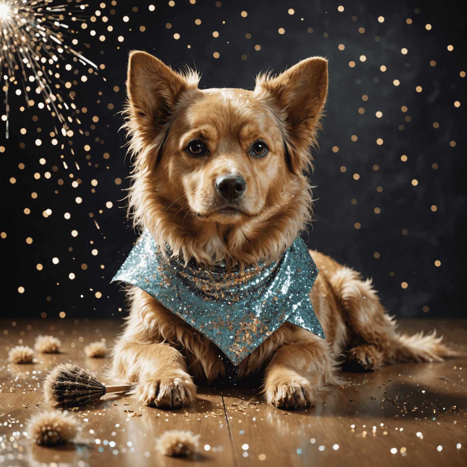 A dog being de-shed with a special brush, surrounded by floating fur with glitter, creating a sparkly effect