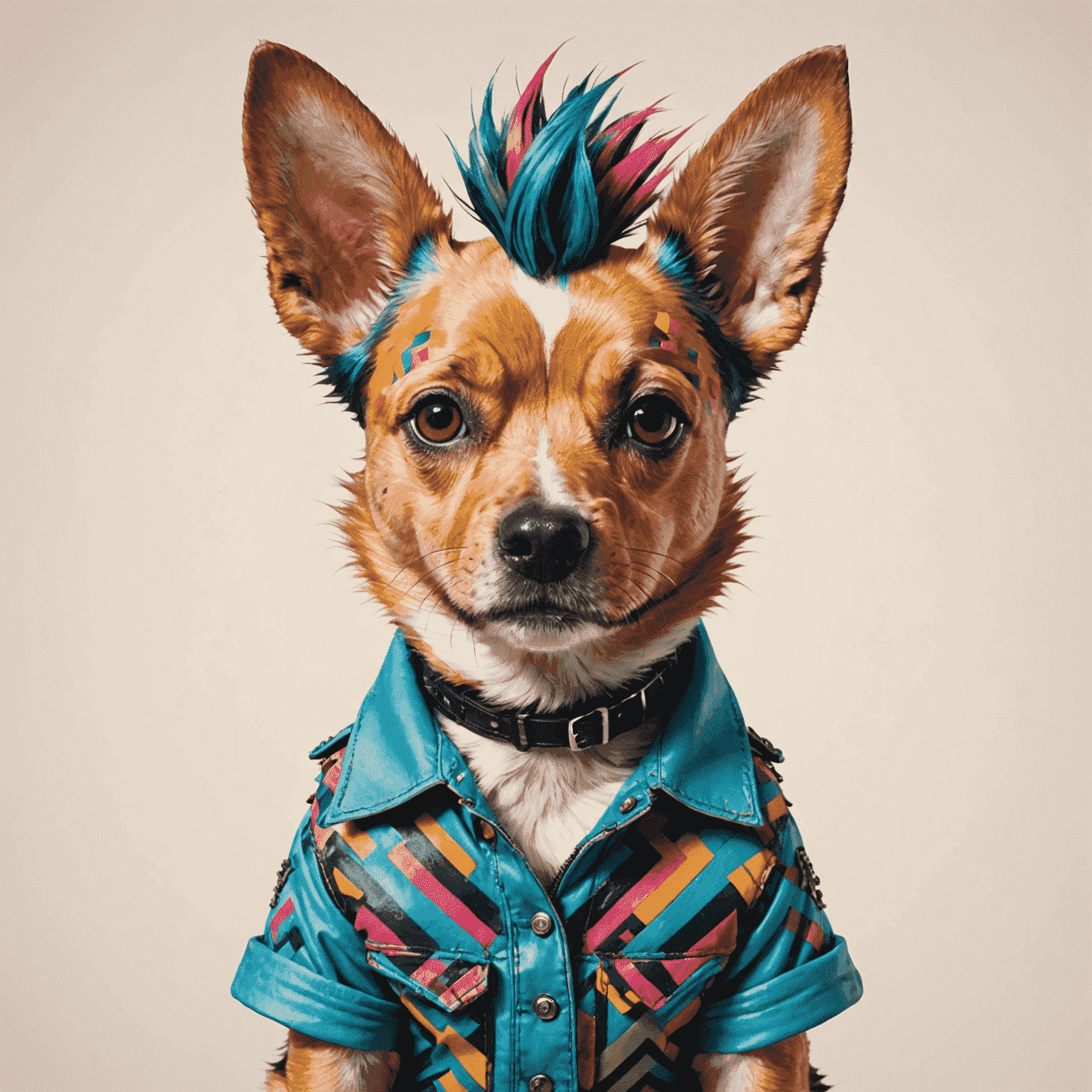 A dog with a punk-inspired haircut featuring zigzag patterns and vibrant temporary colors