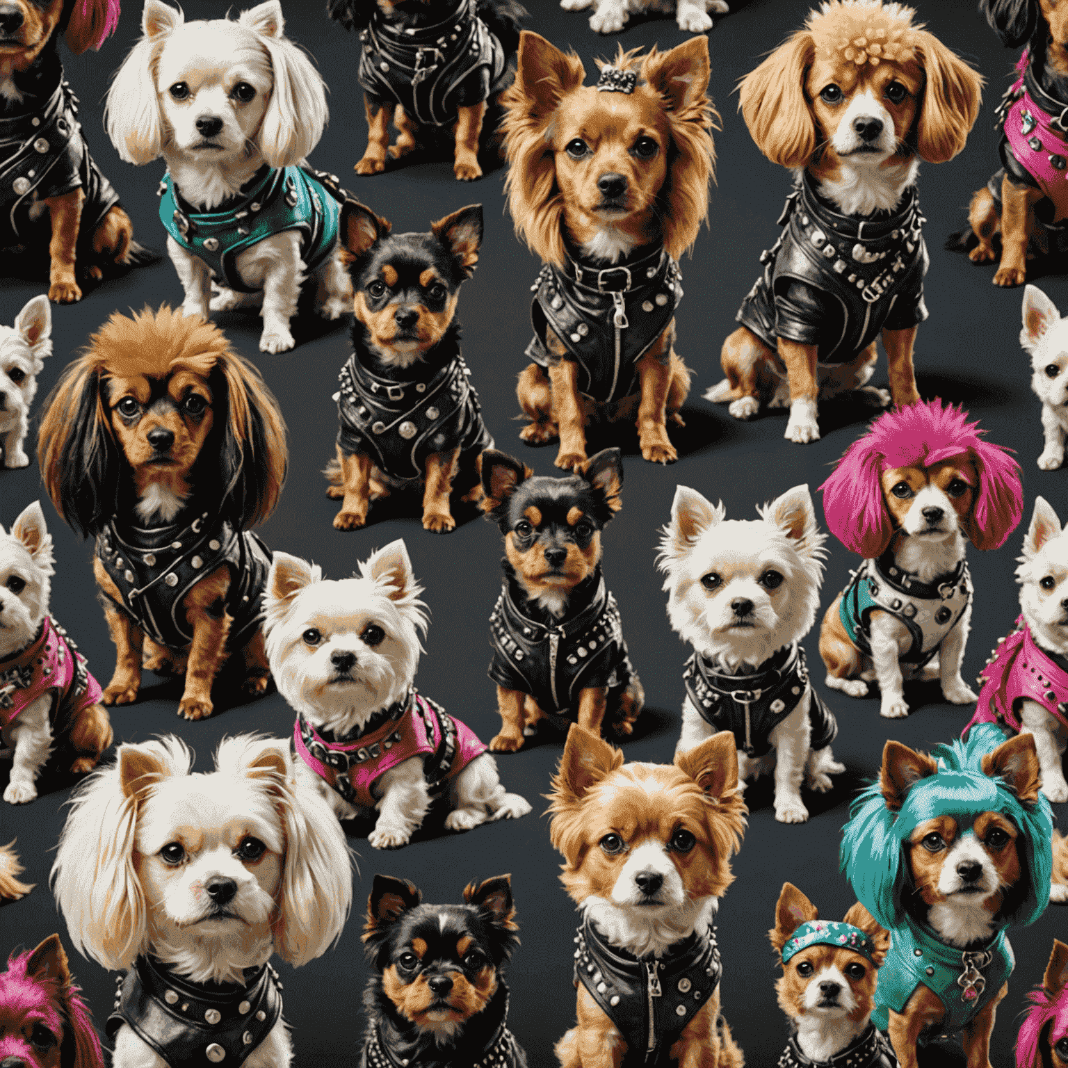 Various dogs with unique coat types, each styled in a punk-glam fusion look with vibrant colors and edgy cuts